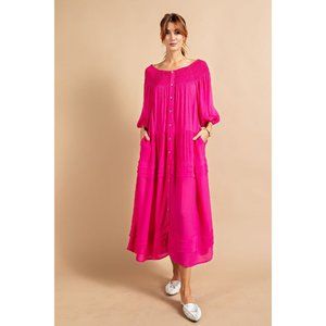 Easel Fuchsia Boat Neckline Button Down Bubble Sleeves Relaxed Maxi Dress